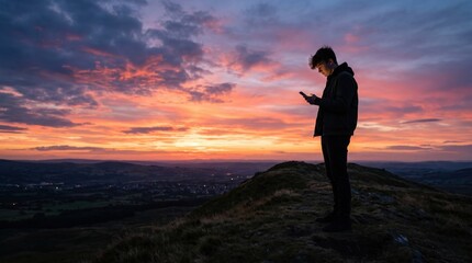 Fototapeta premium Minimalist shot of a teenager's silhouette using a phone against a sunset