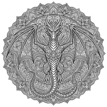 Majestic Ornate Dragon Mandala Line Art Coloring Page - Intricate Fantasy Tattoo Design