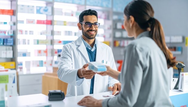 Smiling pharmacist handing medicine to a customer at a busy pharmacy counter