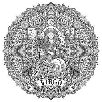 Virgo Zodiac Mandala Illustration Featuring Virgo Woman With Wheat Scepter and Floral Ornamentation