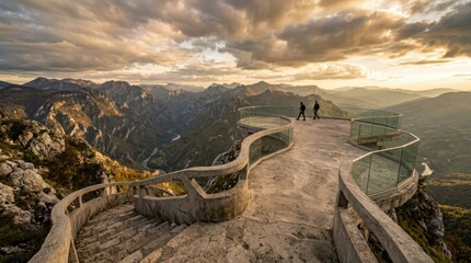 Fototapeta premium A sculptural concrete viewpoint terrace with curved railings, weathered stone steps, and a glass balustrade overlooks a vast mountain valley under dramatic clouds, shot at golden hour with leading