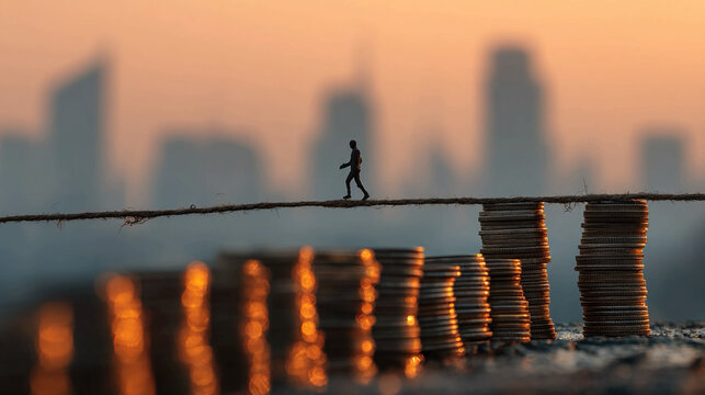 Business budgeting concept with tightrope walker balancing coins above city skyline representing financial risk management cost control and maintaining stability in competitive corporate environment
