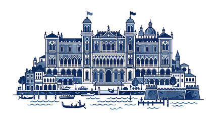 Obraz premium Venetian Palace Illustration, Blue and White Architecture, Canal Scene with Gondolas