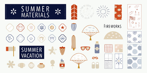 Obraz premium japanese summer materials collection vector illustration fan fireworks vacation pattern icon design element festival travel beach holiday celebration culture tradition decorative