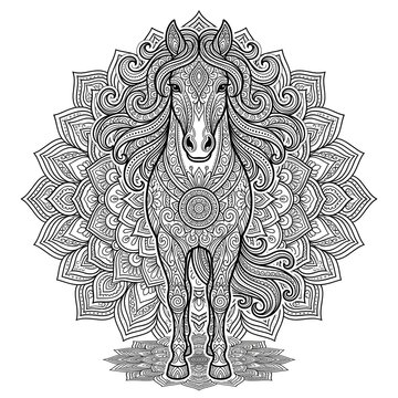 Intricate Horse Mandala Coloring Page With Ornate Floral Patterns For Mindful Art