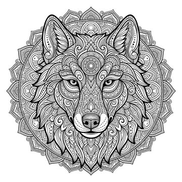 Intricate Wolf Mandala Coloring Page &mdash; Ornate Zentangle Wolf Illustration for Adults and Relaxation