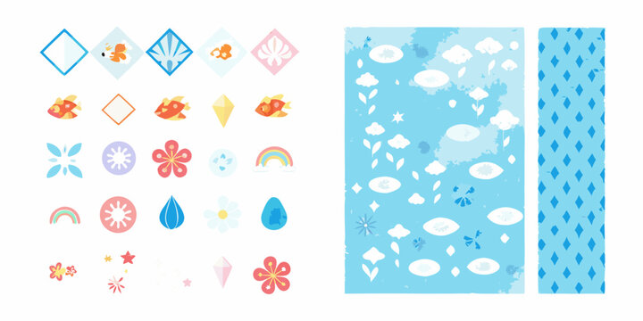 design kit with colorful icons and patterns on white background fish flower rainbow diamond cloud star waterdrop vector illustration flat icon
