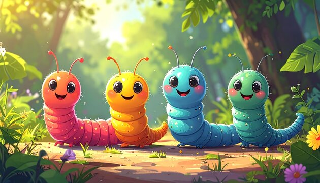 Charming illustration of four smiling caterpillars in vibrant hues, situated amongst lush greenery and sun-dappled foliage