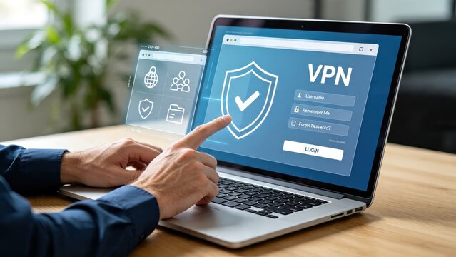 User accessing VPN secure login screen on laptop computer, cybersecurity protection shield icon, virtual private network authentication, online privacy safety