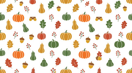 Seamless autumn vector pattern with pumpkins, leaves, acorns and seasonal harvest elements © azad