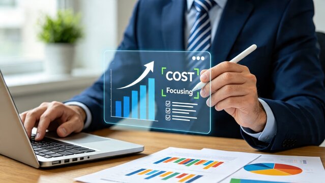Businessman analyzing cost focusing strategy on laptop with holographic chart