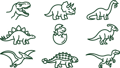 Cute Dinosaur Line Art Collection Featuring Tyrannosaurus Triceratops Stegosaurus Brachiosaurus Parasaurolophus Ankylosaurus Pterodactyl and Velociraptor Outline Illustrations © MstSuborna