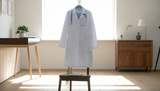 White lab coat draped over a wooden chair with stethoscope and clipboard