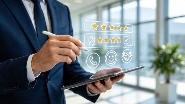 Businessman rating service on tablet using stylus, customer satisfaction feedback, five star review system, quality assurance concept, digital survey interface