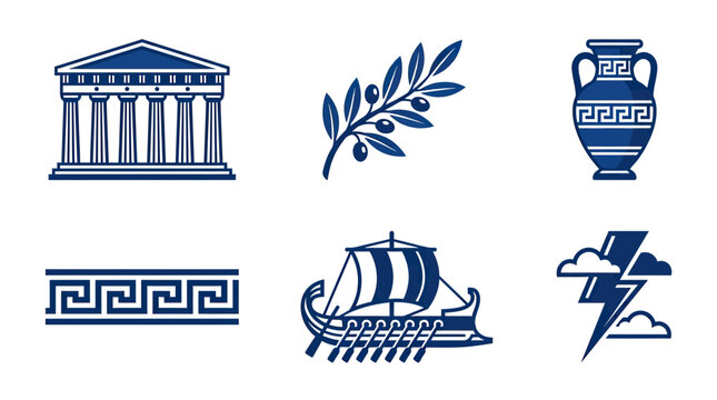 Ancient Greece Symbols: Temple, Olive Branch, Vase, Ship, Meander, Lightning