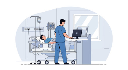 Obraz premium Nurse Attends Patient in Hospital Room with Medical Equipment and Monitor