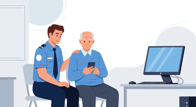 Police officer assists elderly man with smartphone technology indoors