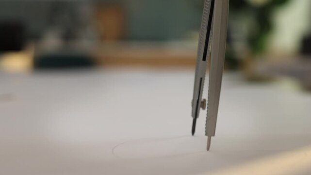 A close-up of a compass drawing tool tracing a circle on white paper in a creative or technical workspace.