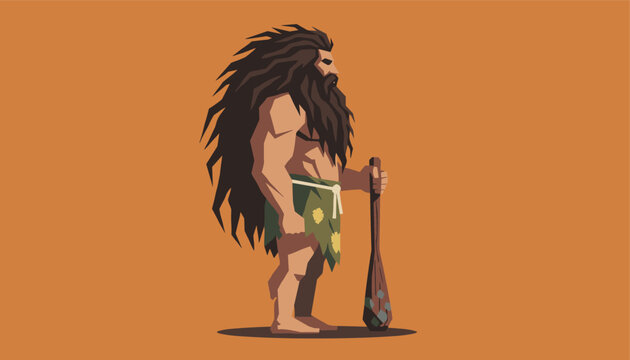 Primitive caveman with extremely long dark hair and a beard stands holding a wooden club against an orange background.