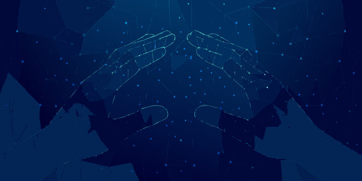 Wireframe hands reaching towards each other a digital illustration with a dark blue background