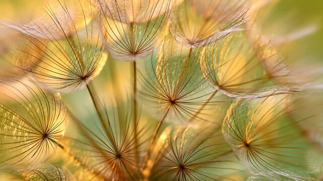 A close up image of numerous dandelion seed parachutes, rendered in a warm palette of golden yellow and soft green.