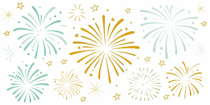 Watercolor style fireworks in teal and gold with scattered stars on a white background