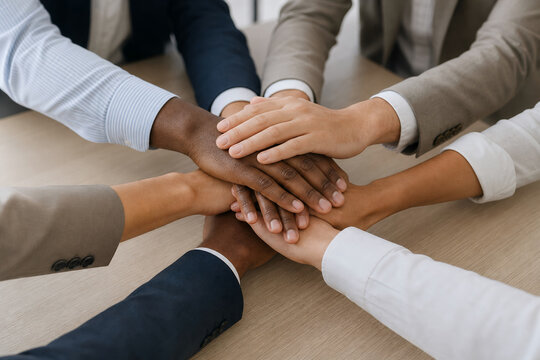 Business Team Hands Joining On Conference Table