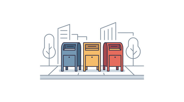 Three colorful metal mailboxes standing side by side on a city sidewalk.