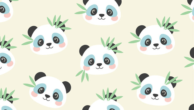 Sweet seamless pattern features cute panda bear faces with pink cheeks and green bamboo leaves on a cream background.