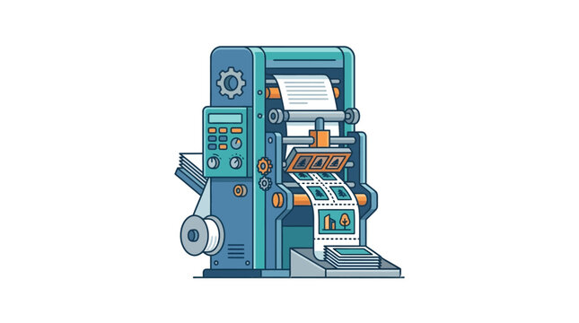 A detailed illustration of an industrial printing press machine for commercial production.