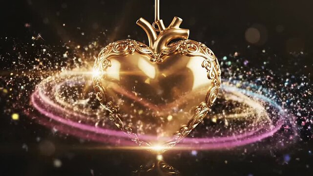 Golden heart sparkles with light in a dark space, shining brightly with energy and charm