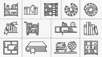Corporate Black and White Line Icons Set Featuring Bookshelves Library Furniture and Study Elements for Educational or Office Use © Hendra