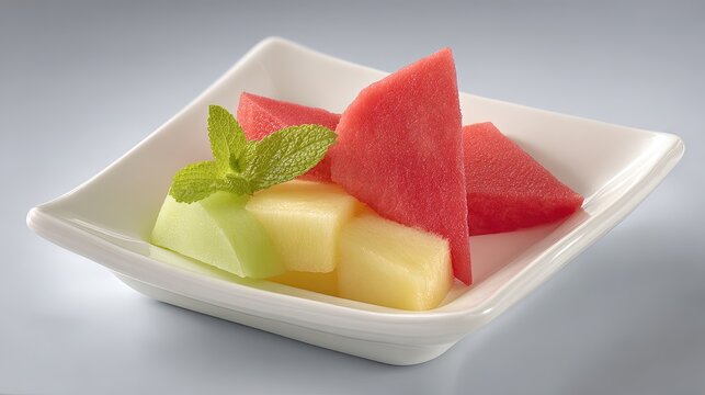 Fresh watermelon and melon slices with a green mint leaf garnish arranged on a small white square plate against a grey