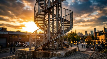 Obraz premium A tall architectural tower rises from a concrete base, built from galvanized fence panels and chain-link mesh that spiral upward into an open lattice, with rust patina, sharp shadows, and industrial