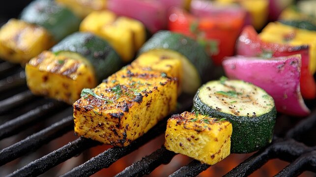 Grilled vegetable skewers featuring colorful bell peppers sliced zucchini and cubes of charred paneer on a barbecue grate