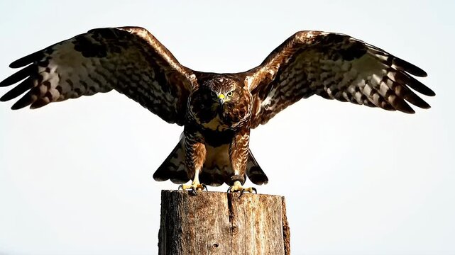 Hawk stands on tree stump and flapping wings spread wide in bright sunlight