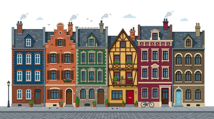 Obraz premium Colorful European Townhouses Facades Row Houses Street View Illustration