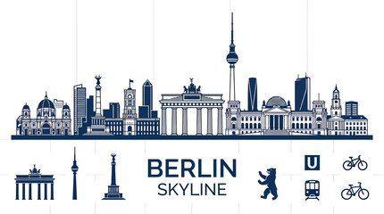 Berlin Skyline Silhouette, Famous Landmarks, Brandenburg Gate, TV Tower, Cityscape © Angsa