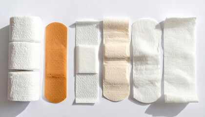 Obraz premium Various Medical Bandages and Gauze Dressings in Natural Daylight
