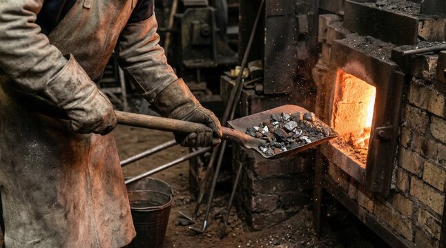Worker manually loading furnace charge with ores and reductants focusing on hands and tools during precise batching operations in a foundry environment.