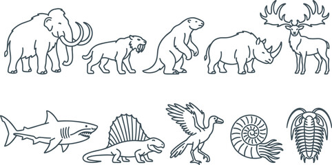 Fototapeta premium Prehistoric Animal Line Art Collection Featuring Mammoth Saber Tooth Tiger Rhinoceros Moose Shark Dimetrodon Trilobite and Ammonite Outline Illustrations