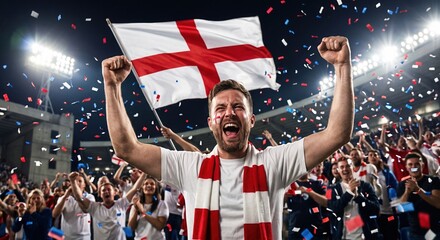 Obraz premium Passionate England football supporter celebrating victory with the national flag in a crowded stadium. Energetic soccer fan portrait capturing excitement, confetti and unforgettable championship atmos
