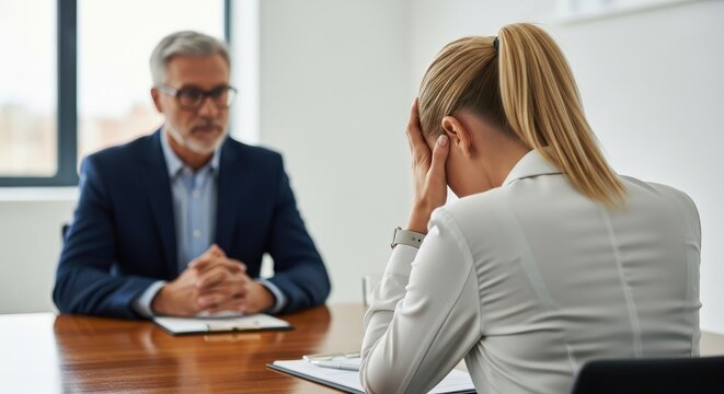 Stressed Businesswoman Having a Difficult Meeting or Performance Review with Senior Manager in Office