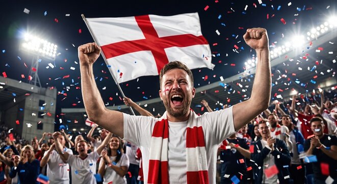 Passionate England football supporter celebrating victory with the national flag in a crowded stadium. Energetic soccer fan portrait capturing excitement, confetti and unforgettable championship atmos