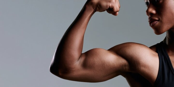 A muscular person's arm flexing to show defined biceps and triceps muscles during a strength training workout
