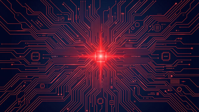 red circuit board background. Futuristic Circuit Board Background with Glowing Microchips and Processor, red Technology and Computer Engineering Concept