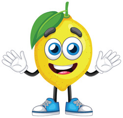 Fototapeta premium Happy Yellow Lemon Cartoon Character Waving with White Background