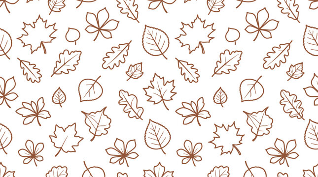 Seamless autumn leaves pattern vector with hand drawn outline foliage for seasonal backgrounds