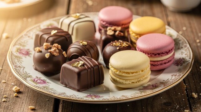 Assorted Luxury Chocolates and Macarons on a Vintage Plate