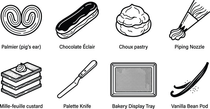 Classic French Pastry and Baking Icon Set with Palmier, Eclair, Choux, Mille Feuille, Palette Knife, and Piping Nozzle Vector Illustration